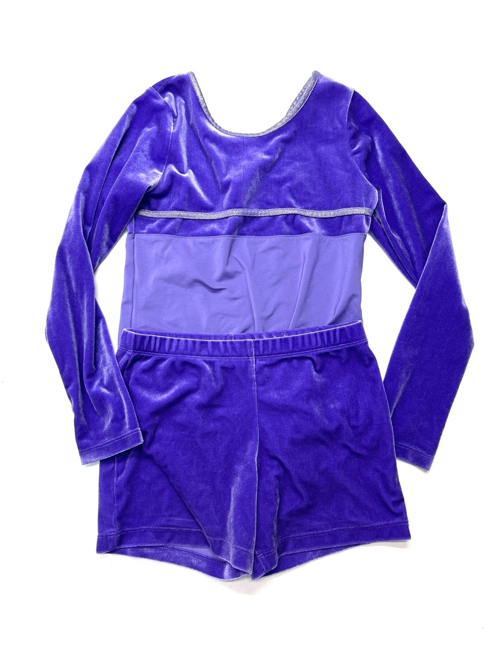 Danskin Now Girls Velvet Purple Performance Leotard Shorts Set Gymnastics Dance